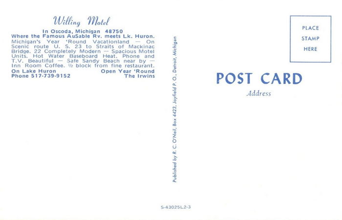 Aspen Motor Inn (Willing Motel) - Postcard Back